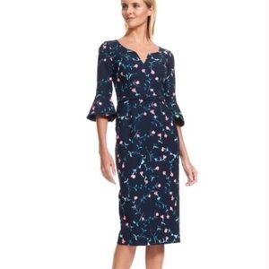 David Meister Floral Dress Navy Blue 6 Knee Length Midi